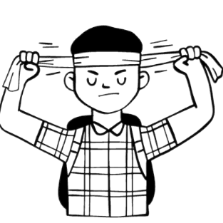 Illustration of a person in a checkered shirt tying a headband with a determined expression.