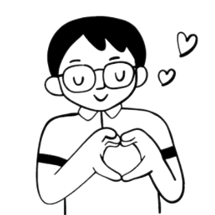 Cartoon character with glasses making a heart shape with hands, two heart symbols nearby.